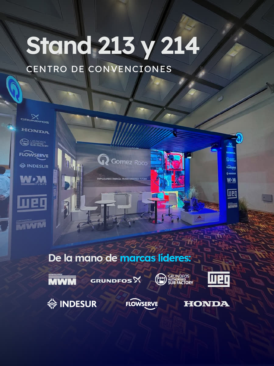 Stand de Gomez Roco en Argentina Mining Norte 2026, junto a Grundfos, Flowserve, Indesur y Honda