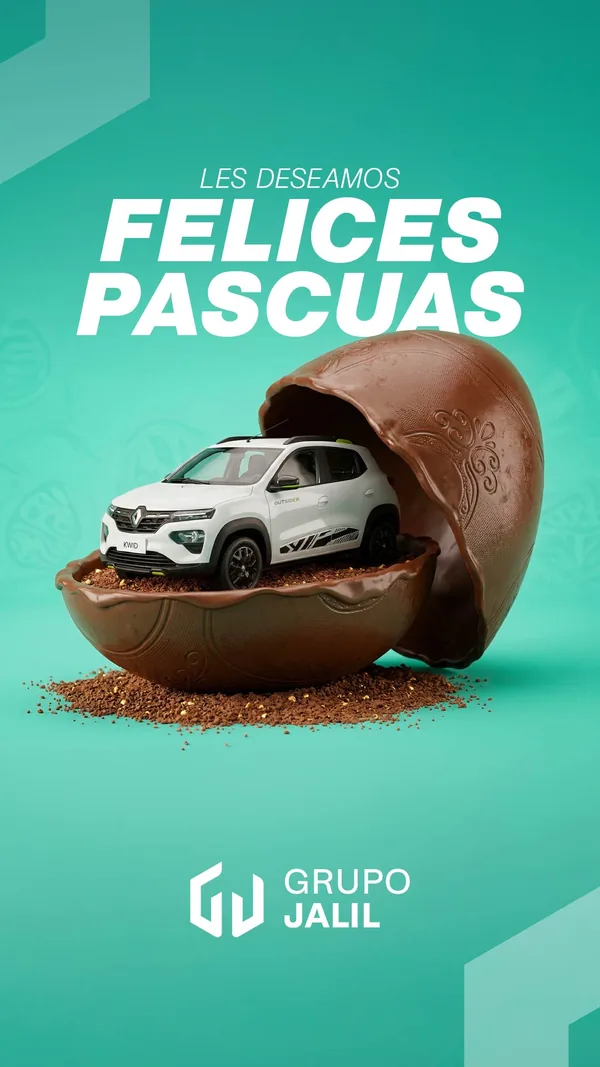 Felices Pascuas con un auto dentro de un huevo de chocolate